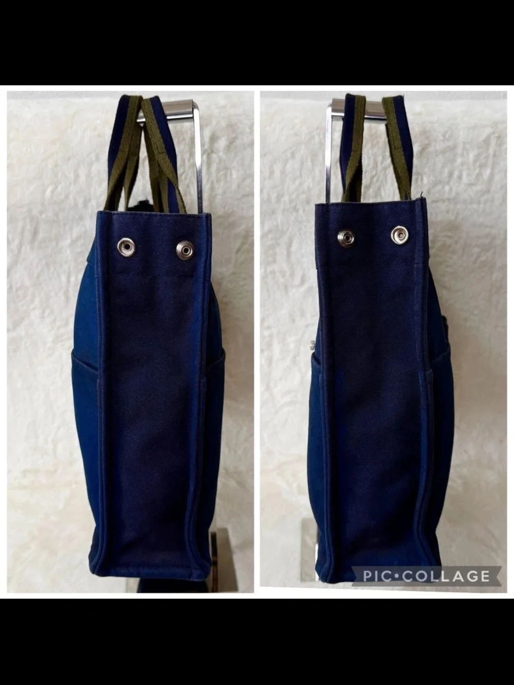 Hermes Navy Canvas Tote with Olive-Trim Straps